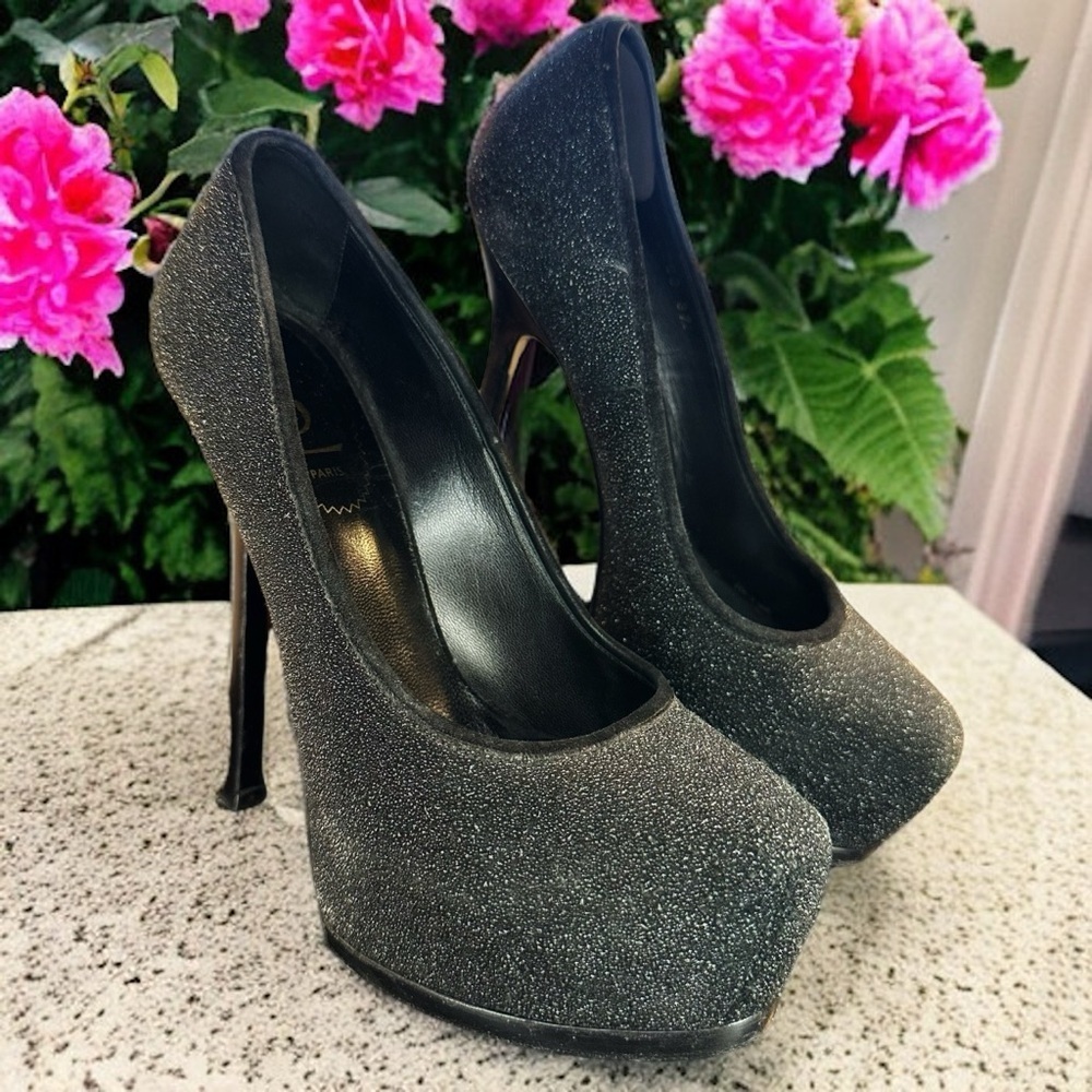 Yves Saint Laurent Black Glittery Coated Suede Trimmed ‘Tribute’ Platform Pumps
